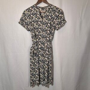 LOFT Womens Black Floral Button Front Cap Sleeve Belted Shirt Dress Size XS